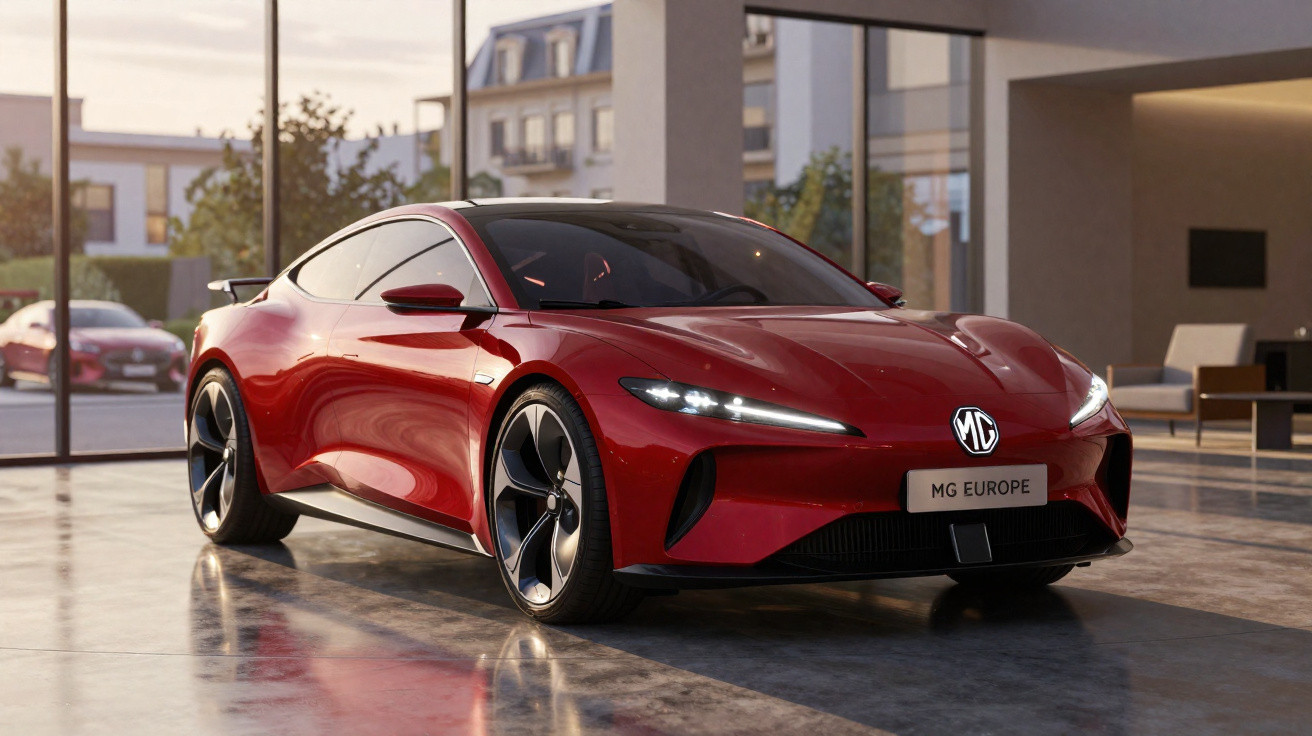 Carro esportivo vermelho MG Europe estacionado em ambiente interno moderno com piso refletivo.