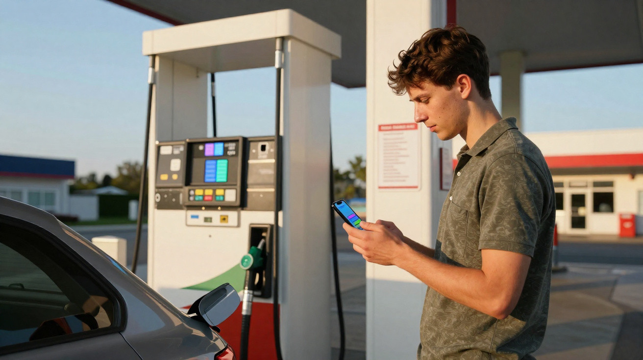 Jovem olhando para o celular ao lado de um carro em posto de gasolina durante o dia.