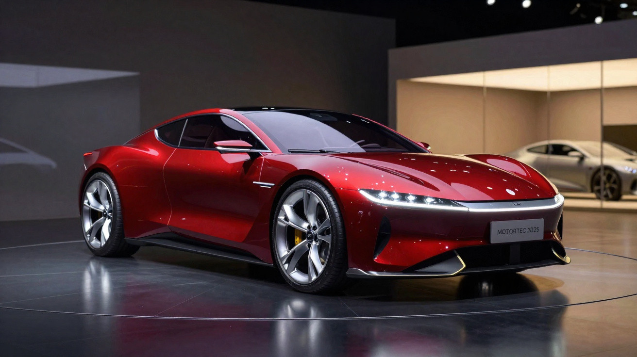 Carro esportivo vermelho brilhante exibido em salão automotivo com design aerodinâmico e rodas prateadas.