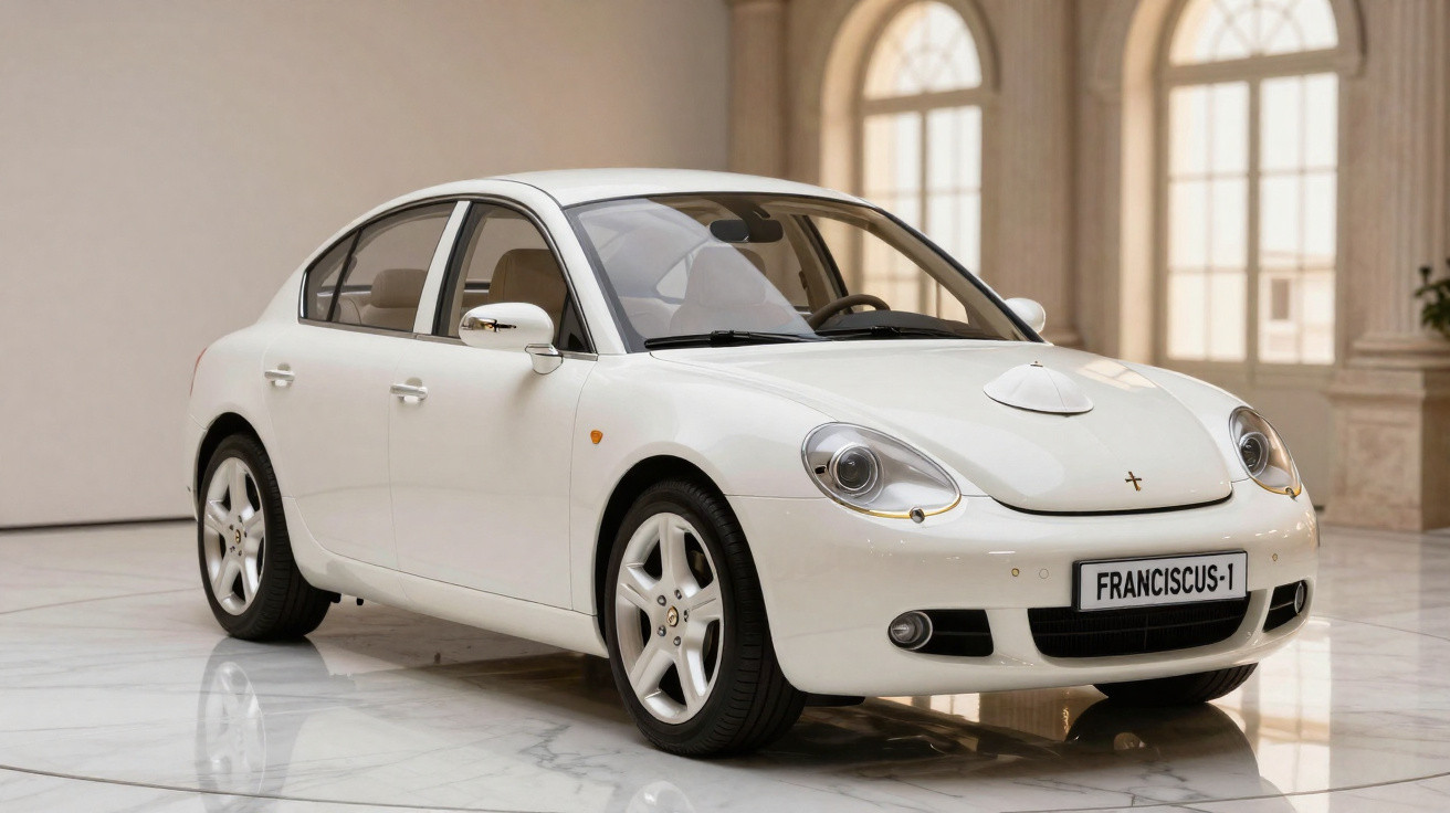 Carro branco moderno exibido em ambiente fechado com piso e paredes claras, placa frontal escrita FRANCISCUS-1.