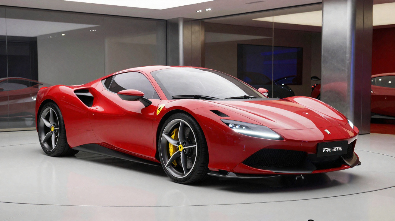 Carro esportivo Ferrari vermelho exibido em ambiente interno com rodas cinza e pinças de freio amarelas.