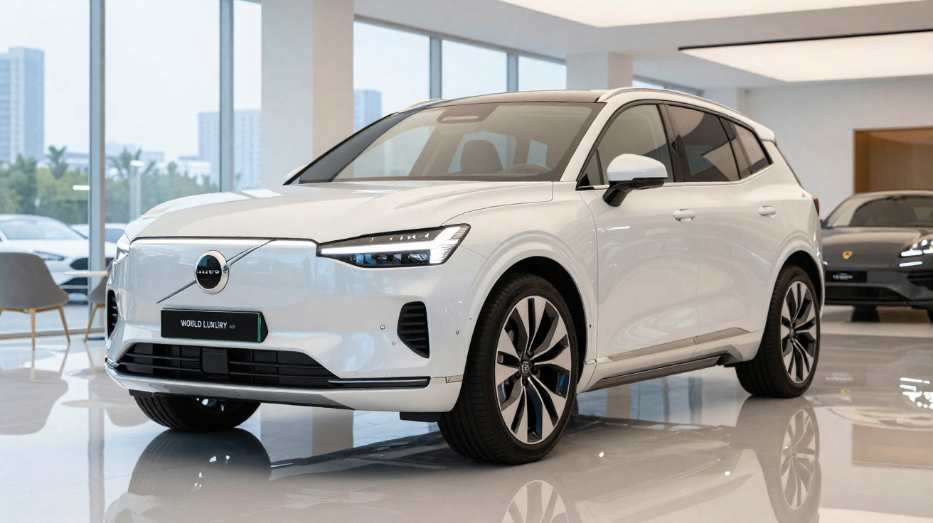 Carro elétrico Volvo branco SUV exposto em showroom moderno com piso brilhante e iluminação natural.