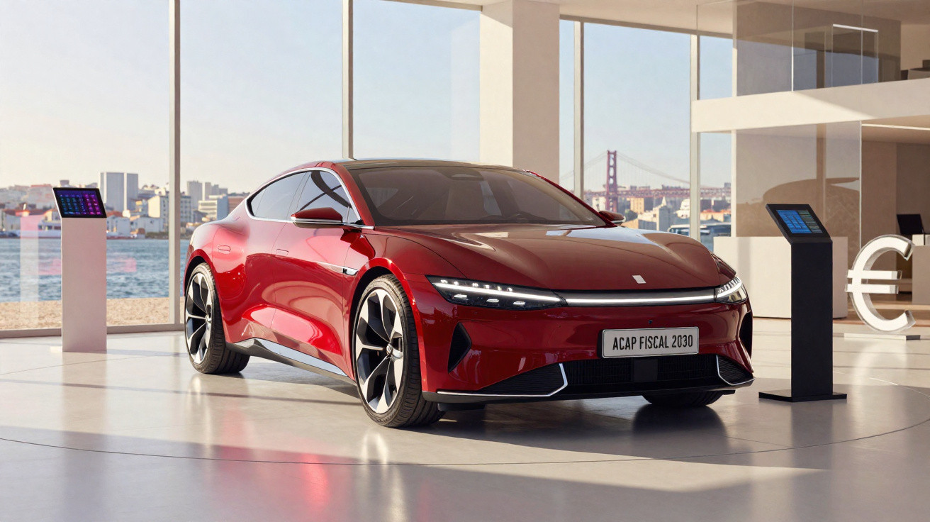 Carro esportivo elétrico vermelho com design futurista exposto em salão moderno com vista para a cidade.