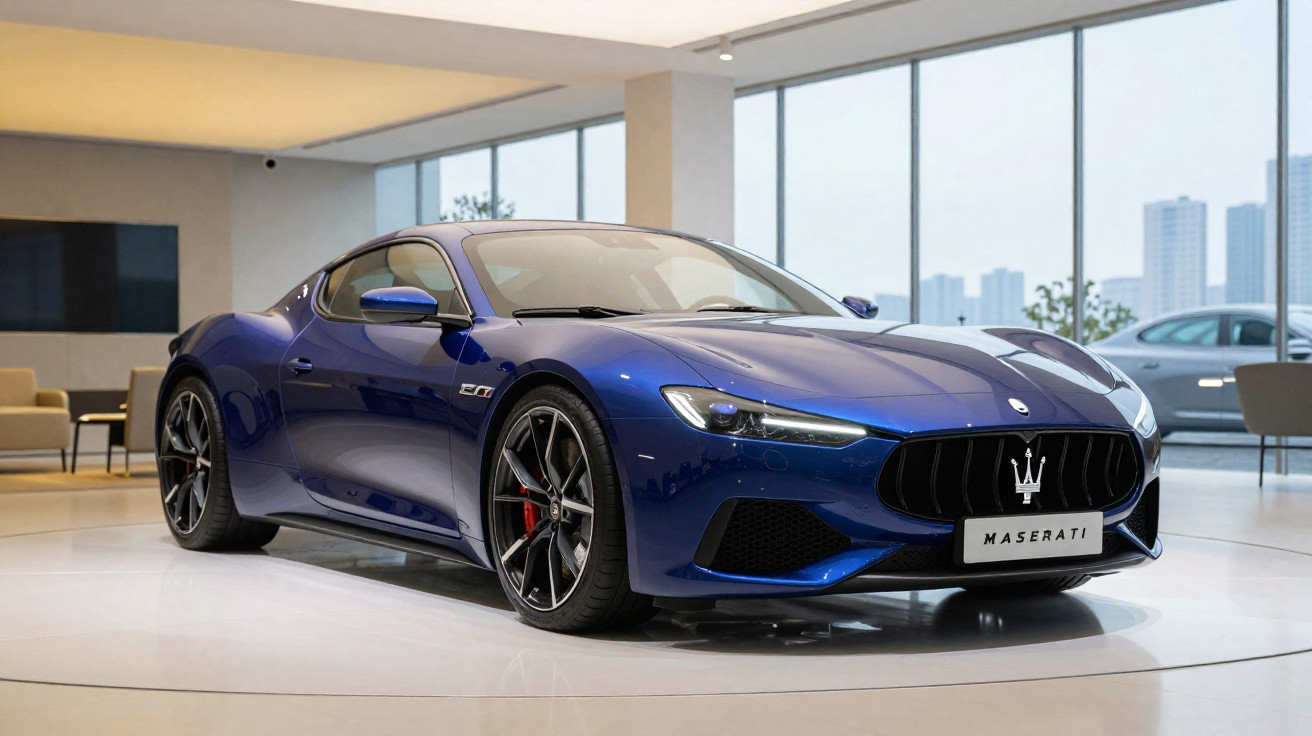 Carro esportivo Maserati azul exibido em showroom com grandes janelas e iluminação natural.