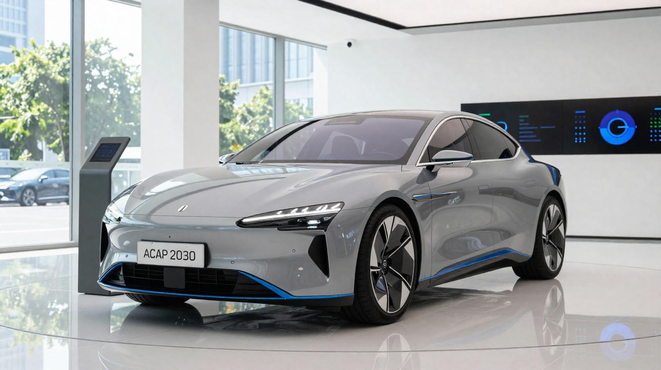 Carro elétrico cinza moderno exposto em showroom com janela grande e painel digital na parede.