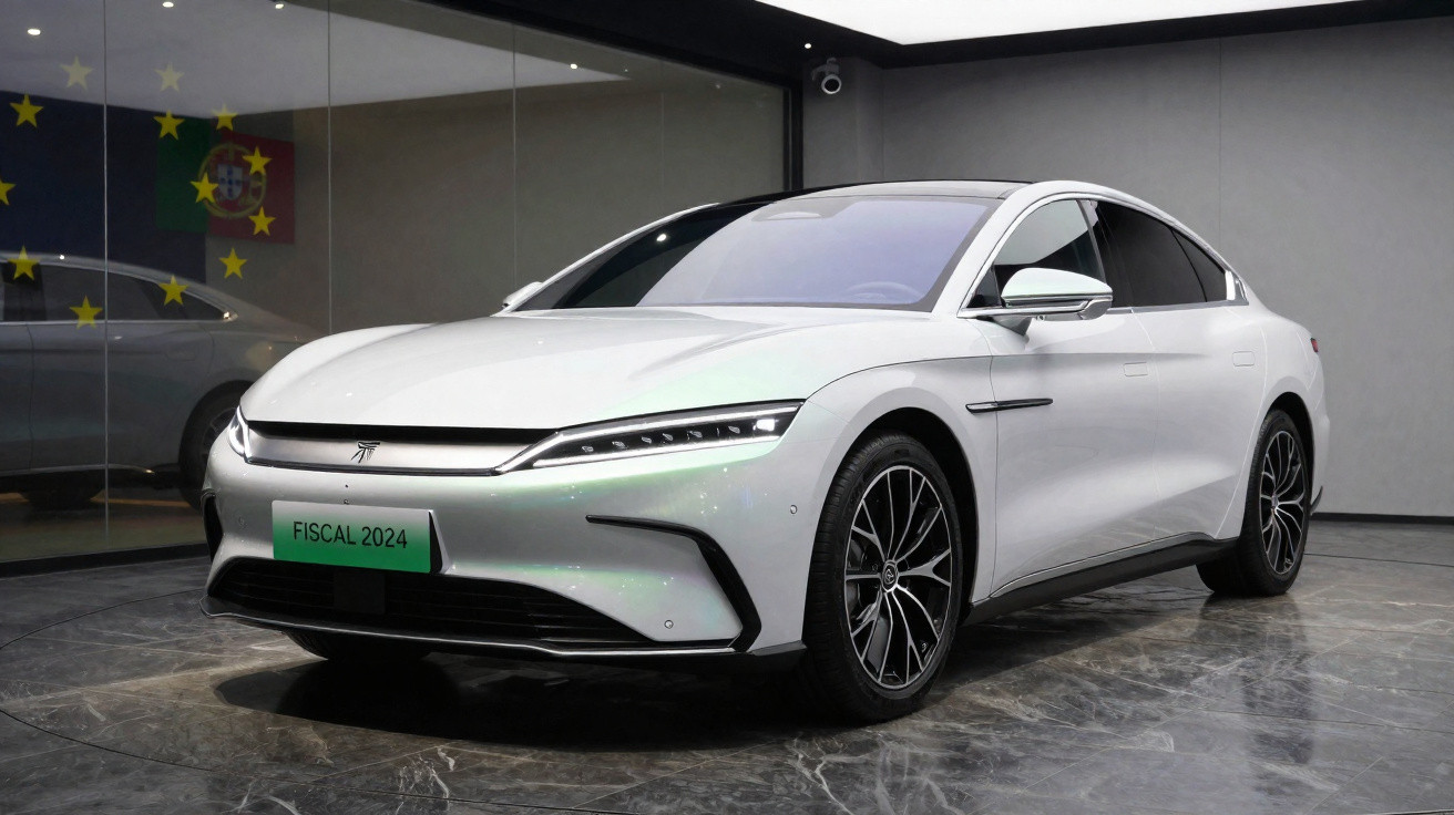 Carro elétrico branco moderno estacionado em showroom com piso de mármore e parede cinza.