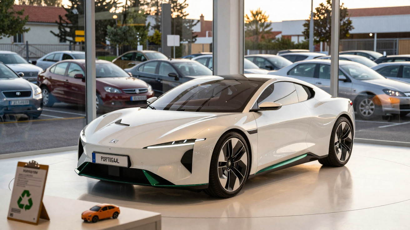 Carro esportivo elétrico branco exibido em showroom com rodas pretas e detalhes verdes.