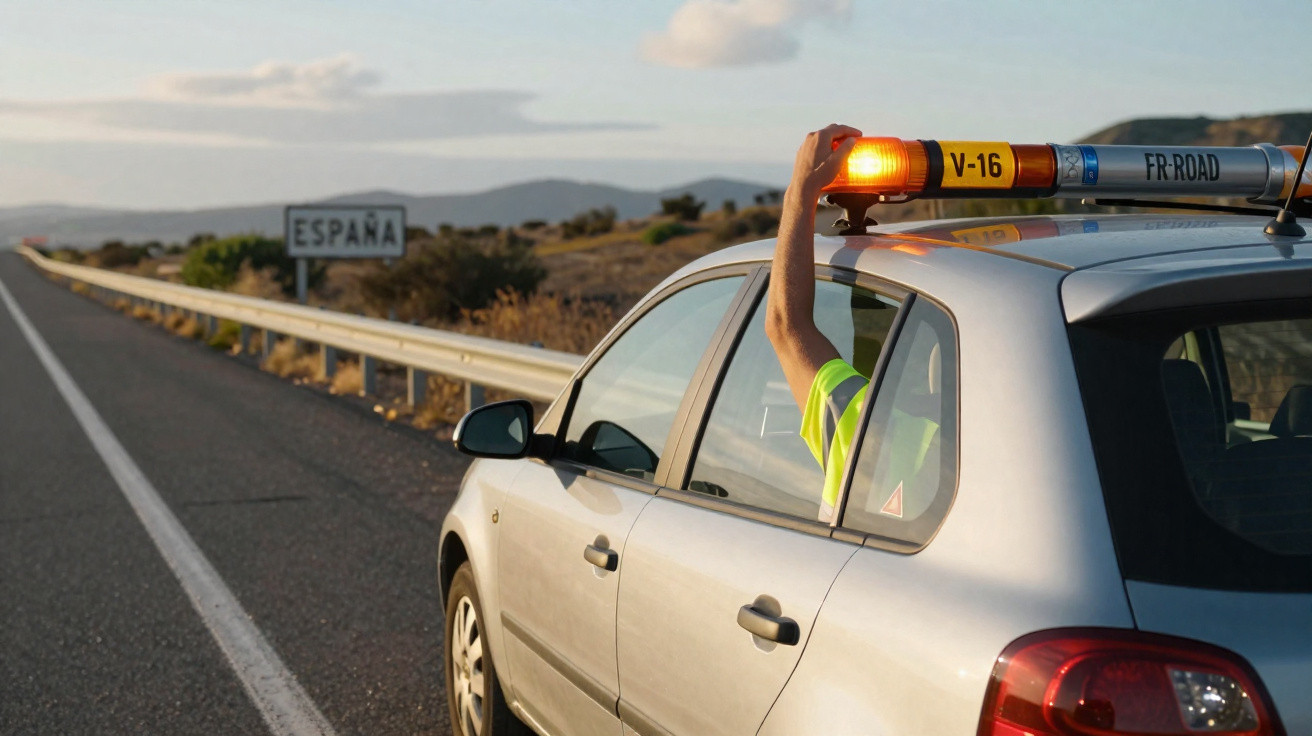 Carro de assistência na beira da estrada com sinalizador laranja ligado próximo à placa de Espanha.
