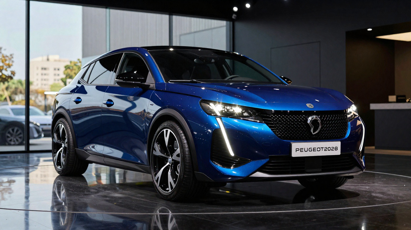 Carro Peugeot 208 azul metálico em exibição interna com luzes dianteiras acesas.