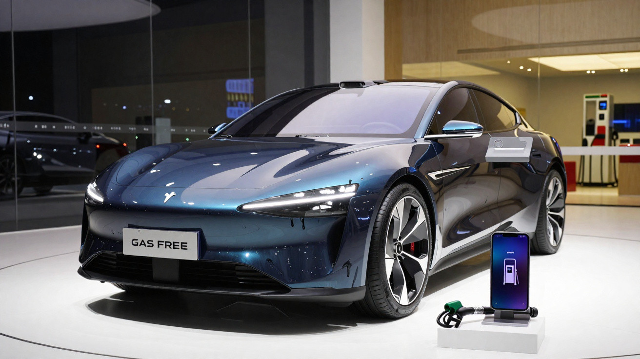 Carro elétrico esportivo azul exibido em showroom com celular mostrando aplicativo de carregamento.