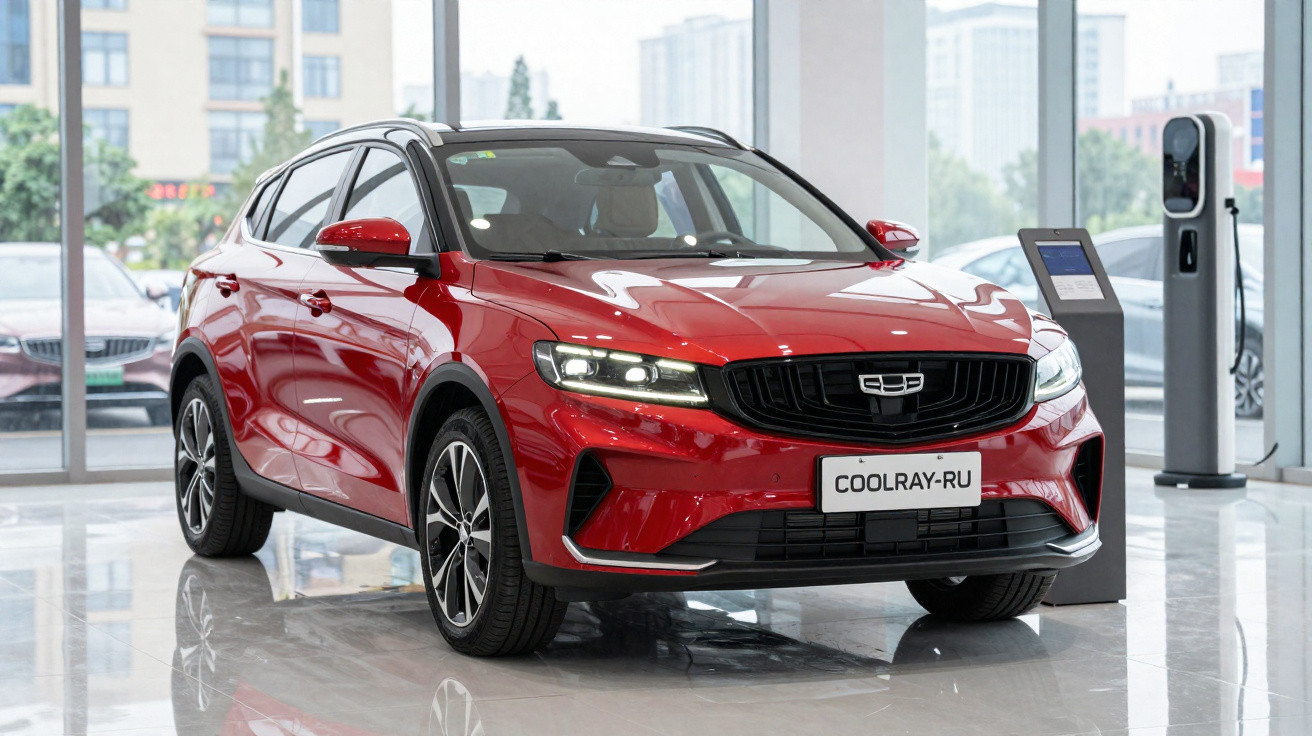 Carro SUV vermelho estacionado em showroom moderno com grande janela e piso brilhante.