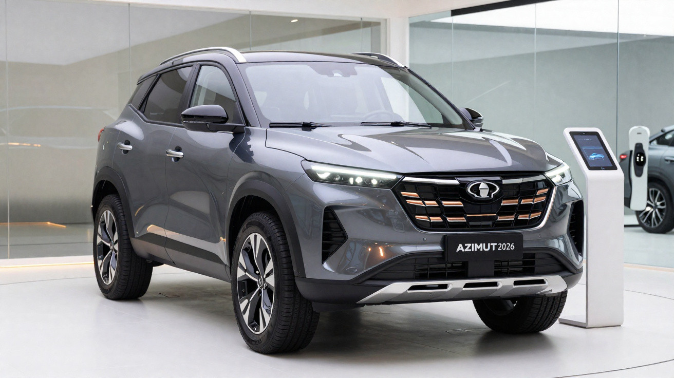 SUV cinza metálico Azimut 2026 estacionado em ambiente moderno de showroom branco.