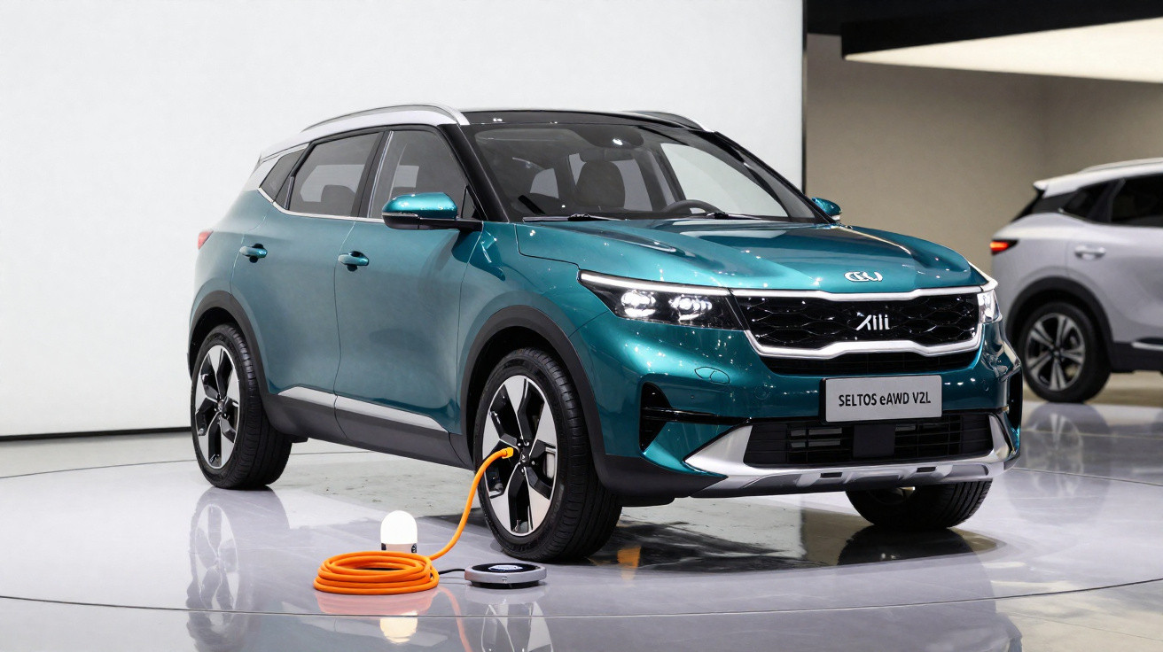 Carro SUV elétrico azul carregando em estação de recarga em ambiente interno de exposição.