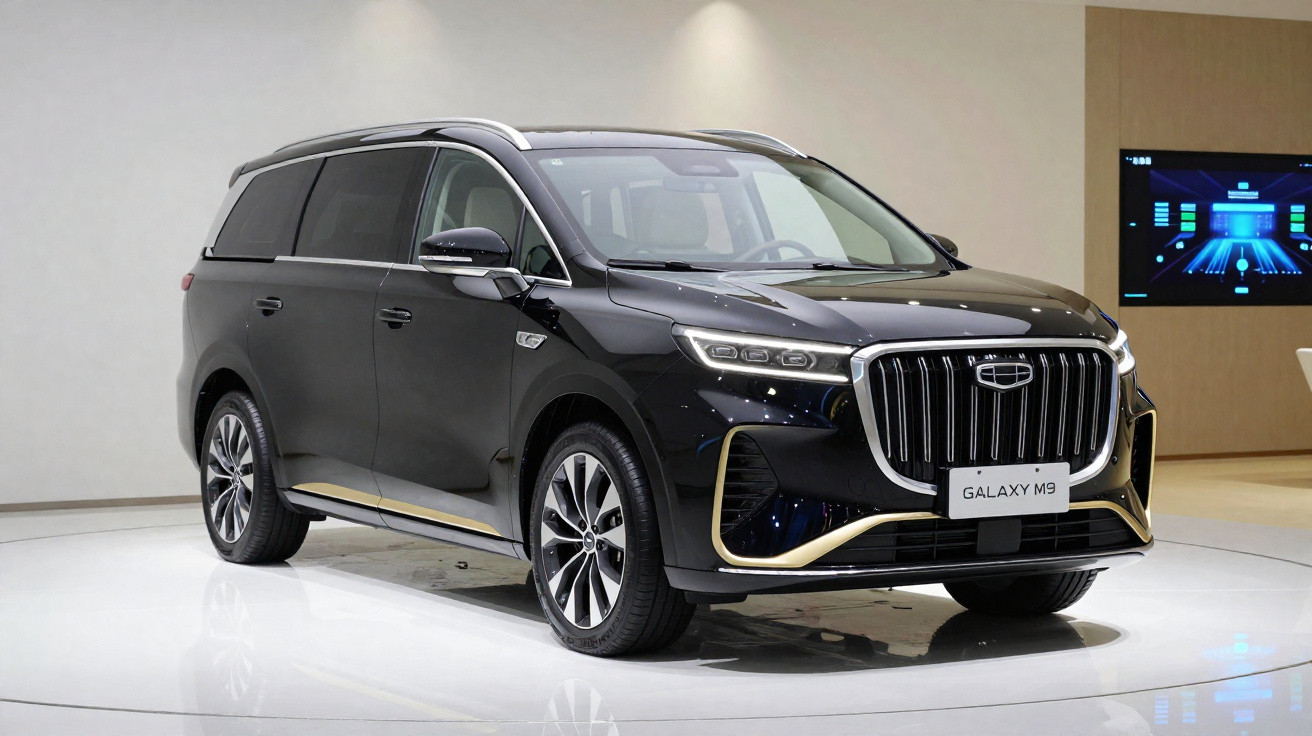 SUV preto Geely Galaxy M9 em exposição em ambiente interno moderno e iluminado.