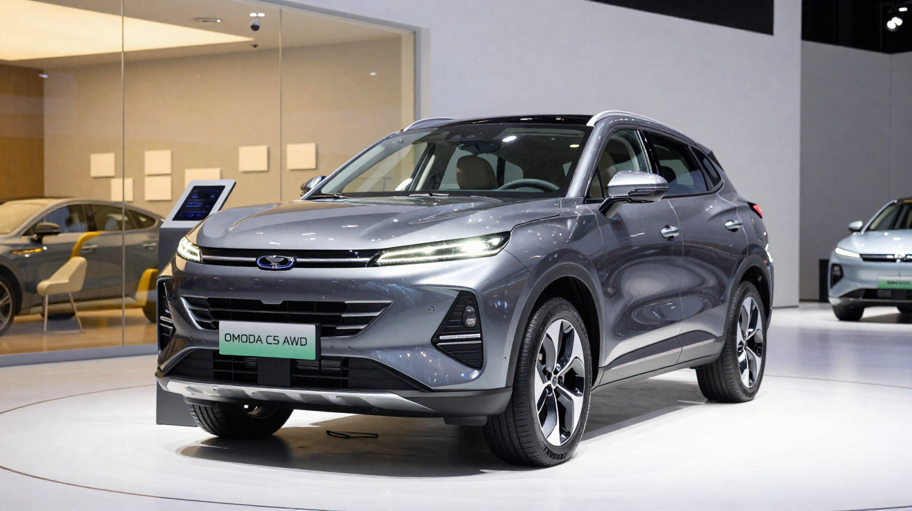 SUV cinza estacionado em ambiente interno, modelo Omoda C5 AWD com faróis ligados.
