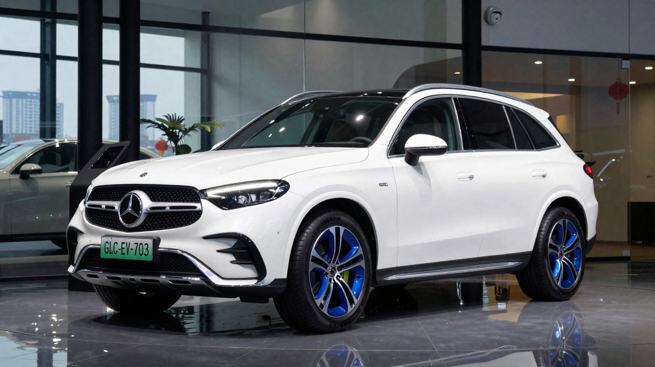 SUV branco Mercedes-Benz elétrico exposto em showroom com rodas com detalhes em azul.