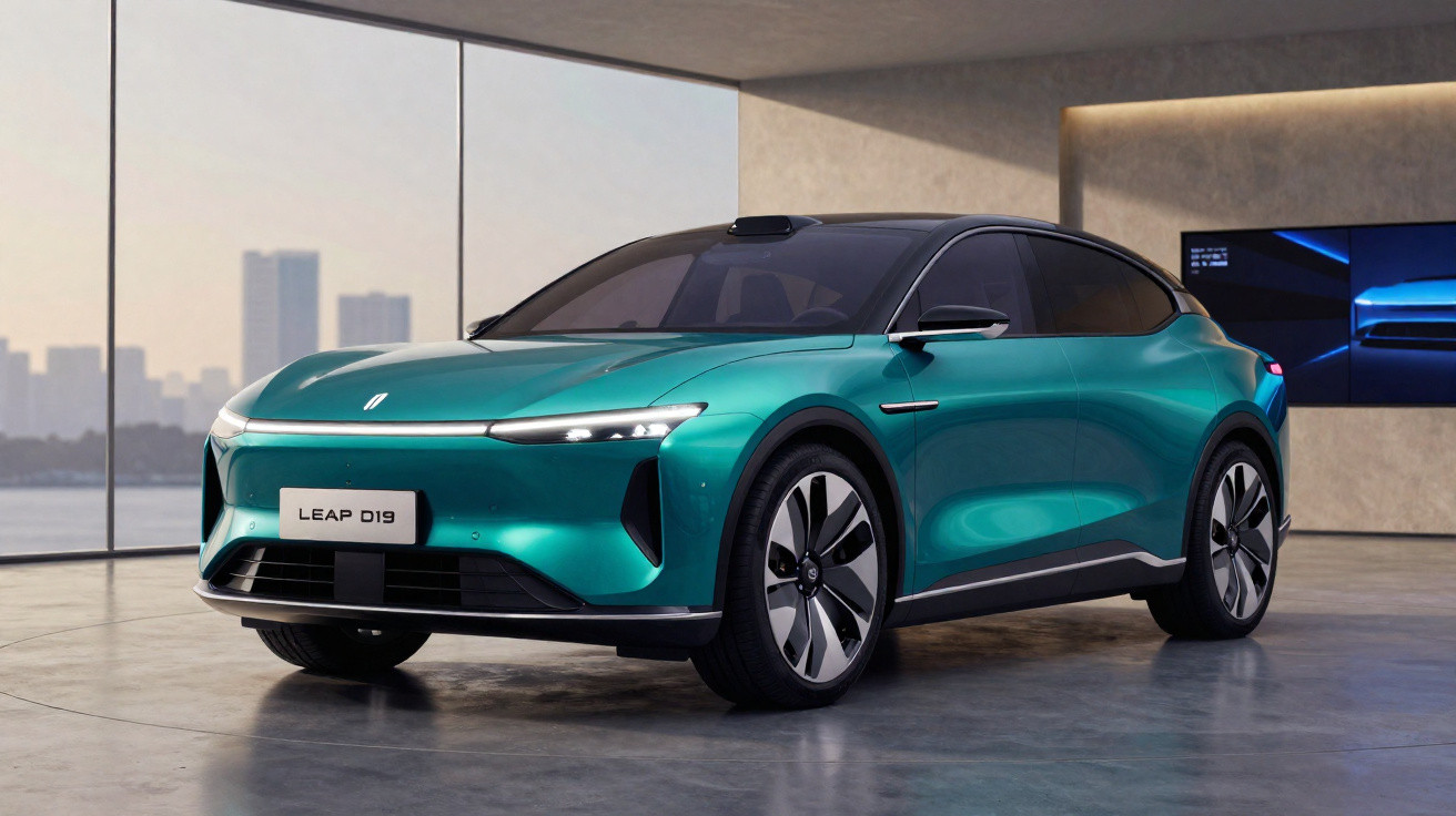 Carro elétrico verde-leitura Leap D19 em ambiente moderno com janela panorâmica e vista de cidade ao fundo.
