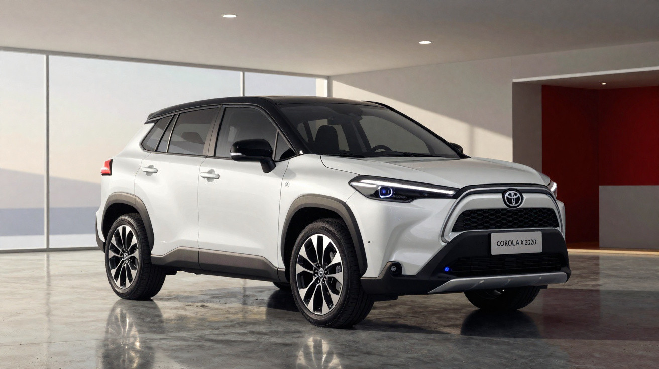 SUV Toyota Corolla Cross 2023 branco com teto preto em ambiente interno iluminado.