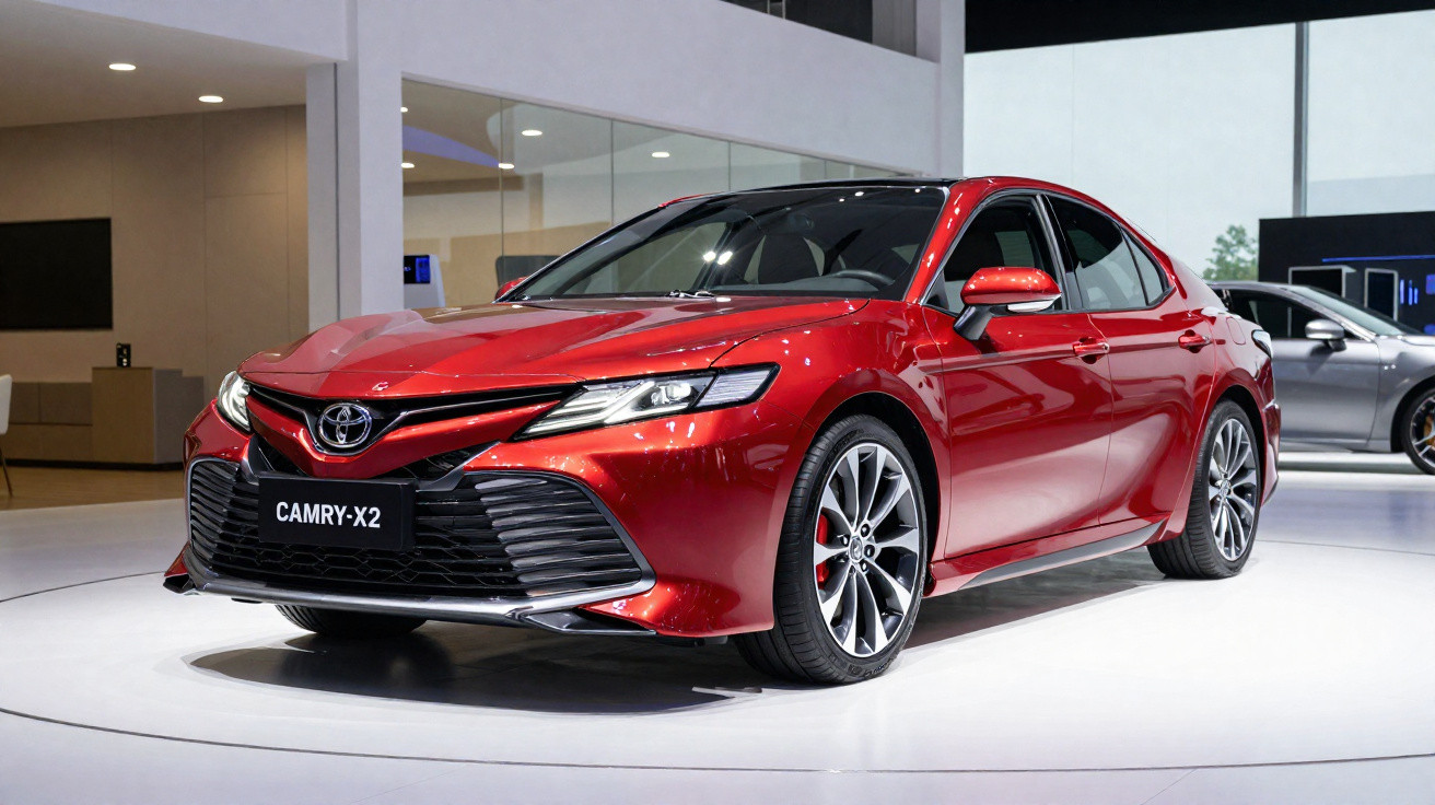 Carro Toyota Camry-X2 vermelho em exposição interna com iluminação destacando o design esportivo.