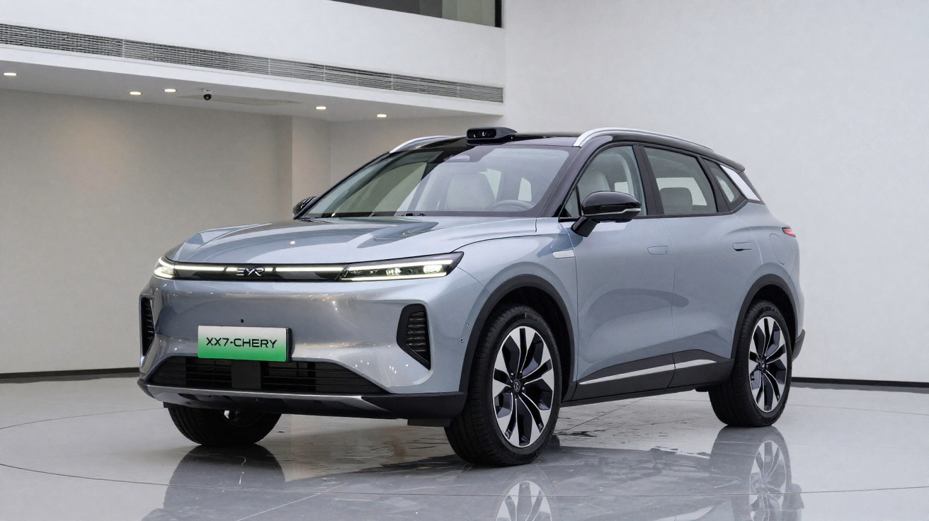 SUV elétrico cinza XX7 Chery estacionado em ambiente interno com piso espelhado.