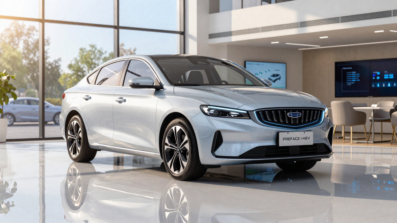 Carro sedã prata moderno exibido em showroom com acabamento brilhante e ambiente iluminado.