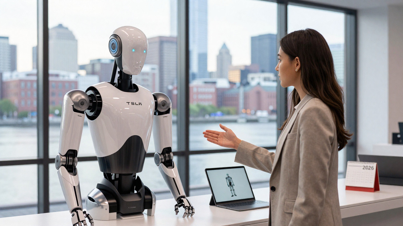Mulher interagindo com robô branco humanoide em ambiente de escritório moderno com vista da cidade.