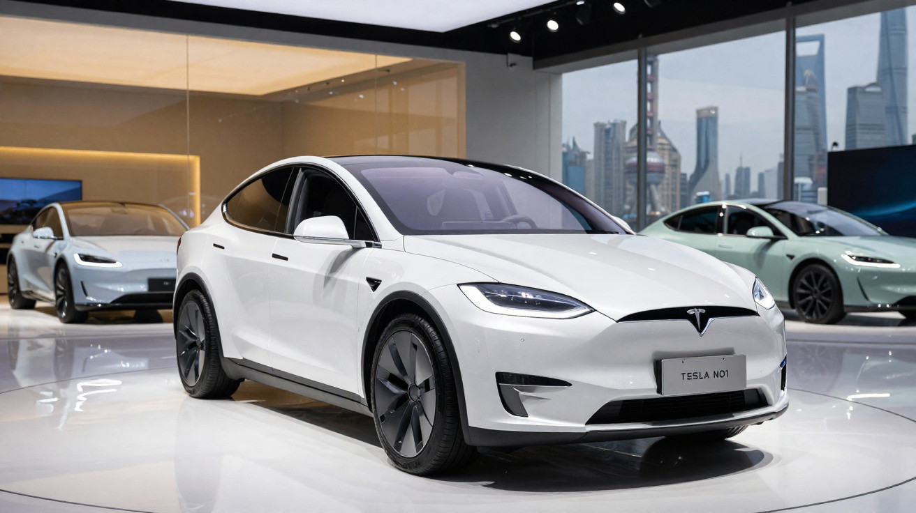 Carros elétricos Tesla expostos em show de automóveis com prédios modernos ao fundo.