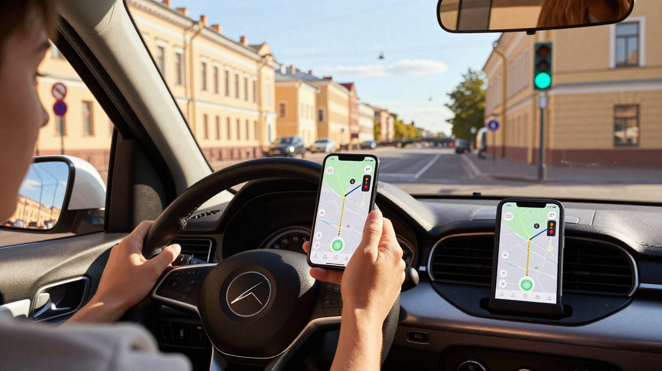 Motorista segurando celular com mapa digital enquanto dirige carro em rua urbana com semáforo verde.