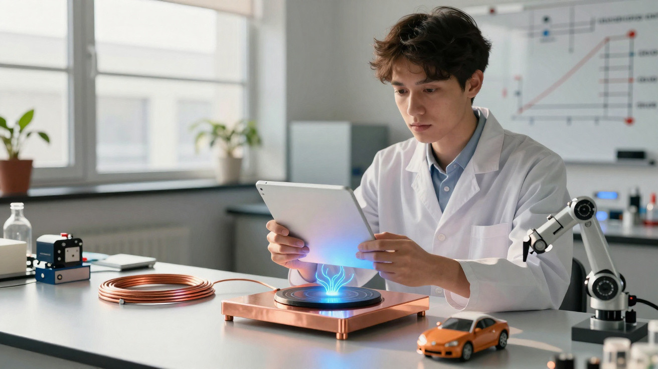 Cientista com jaleco branco usando tablet para projetar holograma azul em laboratório moderno.
