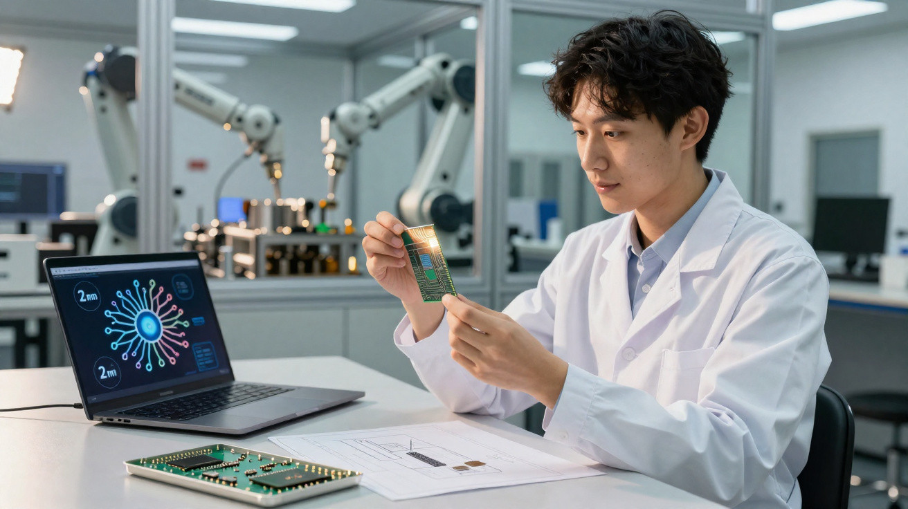Cientista em laboratório analisando placa de circuito eletrônico com laptop e braço robótico ao fundo.