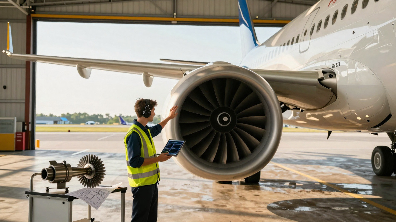 Técnico com colete de segurança inspeciona motor de avião em hangar, segurando tablet e usando protetor auricular.