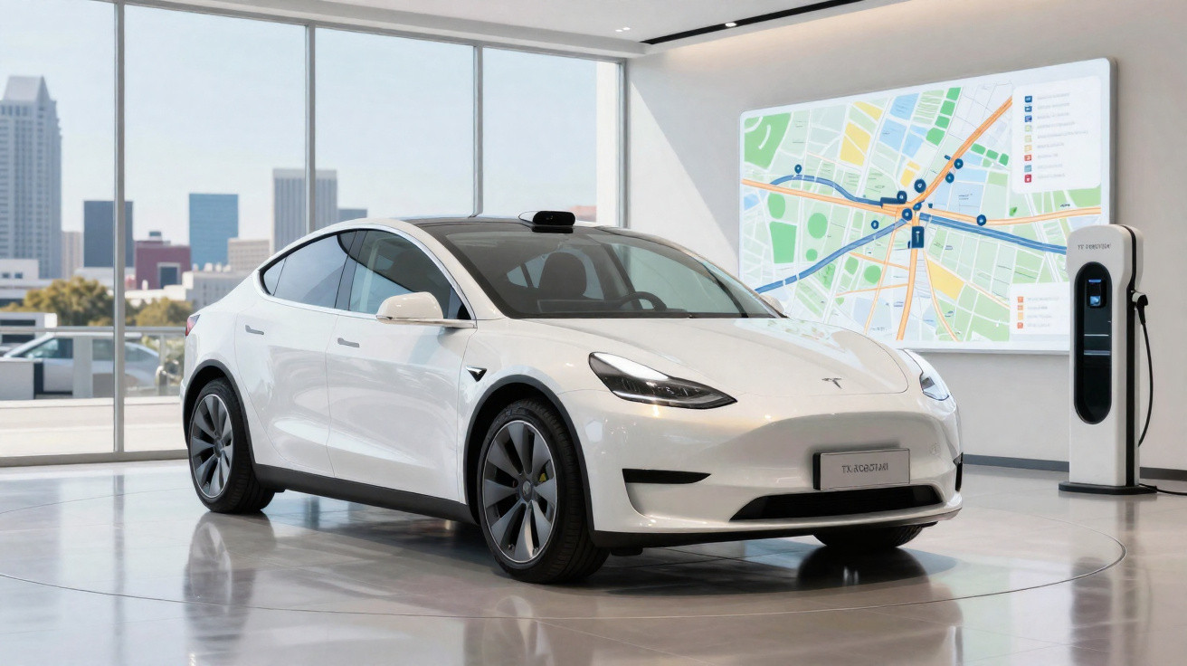Carro elétrico branco Tesla Model 3 em exposição com painel de mapa e estação de recarga ao fundo.
