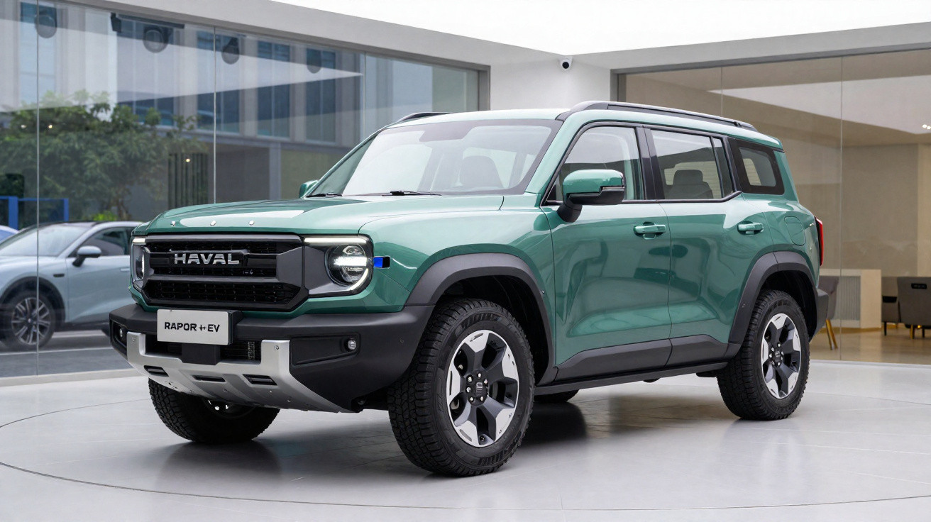 SUV verde Haval Raptor EV estacionado em showroom moderno com piso branco e paredes de vidro.
