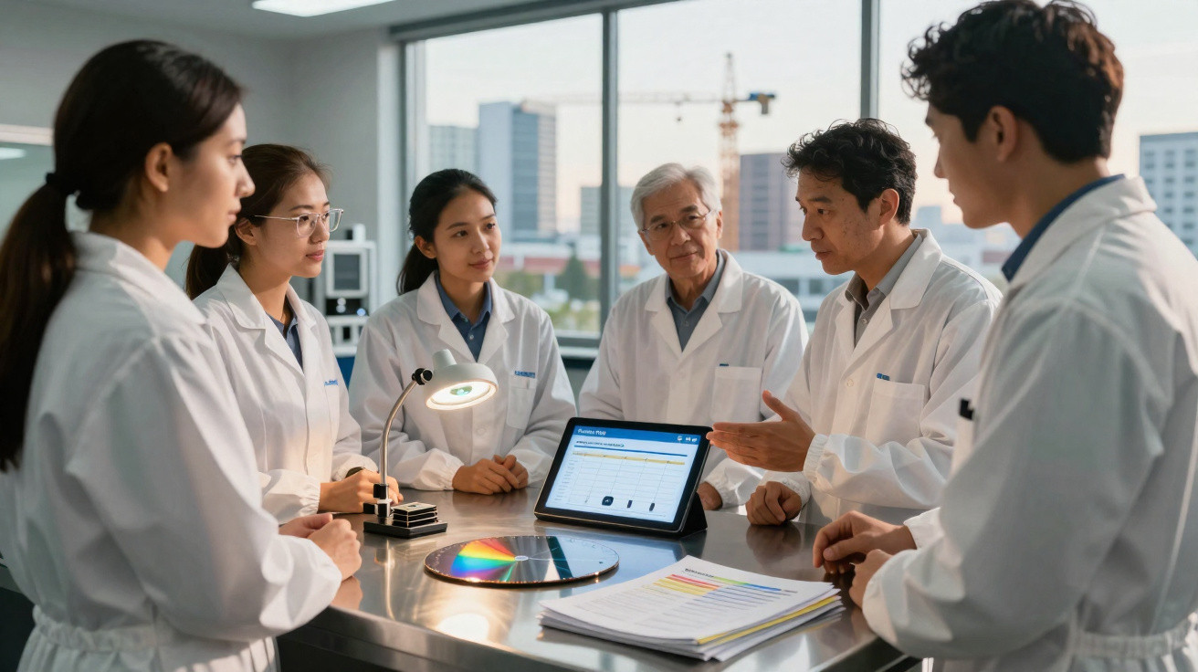 Grupo de cientistas asiáticos em jalecos discutindo dados em mesa de laboratório equipado com tablet e gráficos.