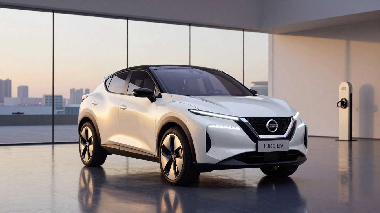 Carro elétrico branco Nissan Juke EV estacionado em ambiente interno moderno com parede de vidro.