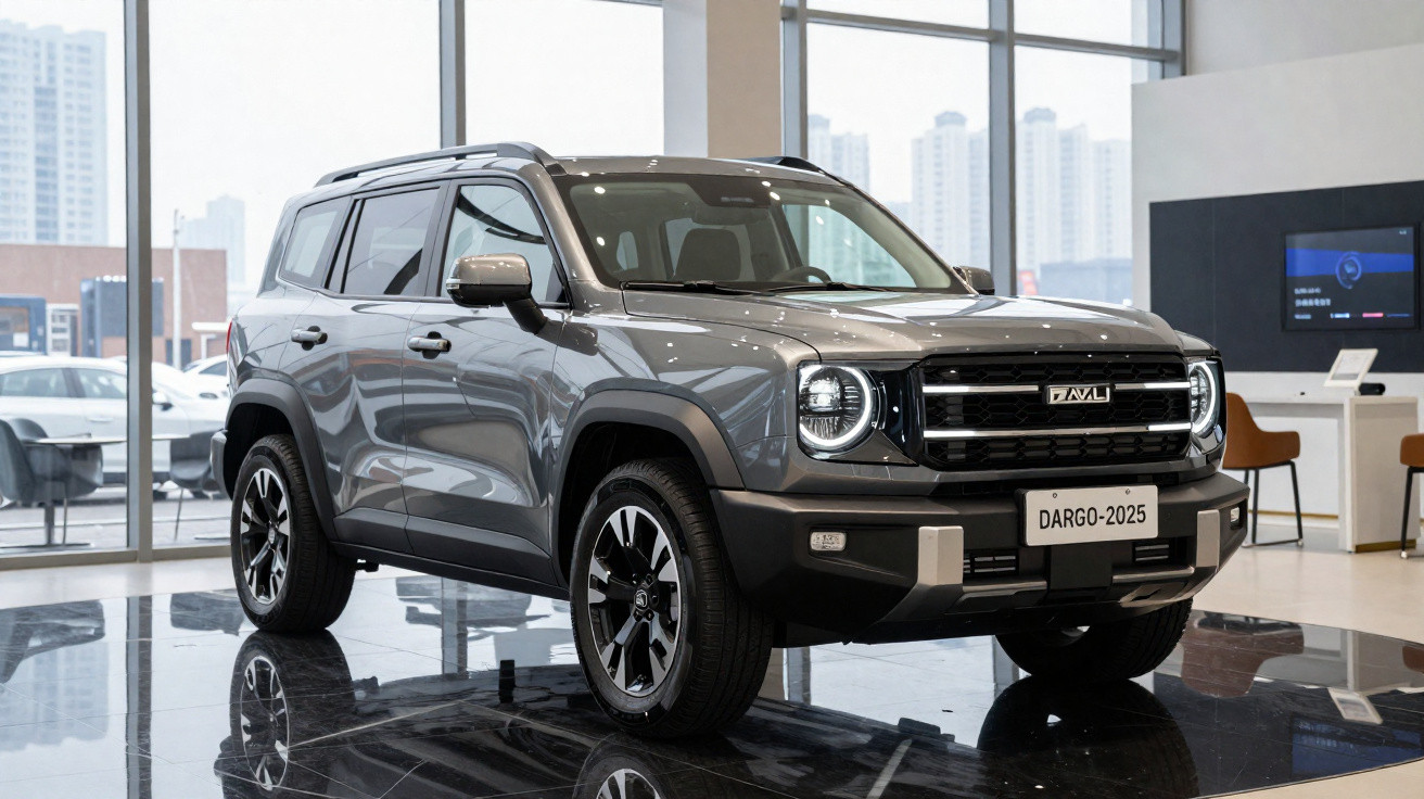 SUV cinza Haval Dargo 2025 estacionado em showroom com piso preto brilhante e janelas amplas ao fundo.