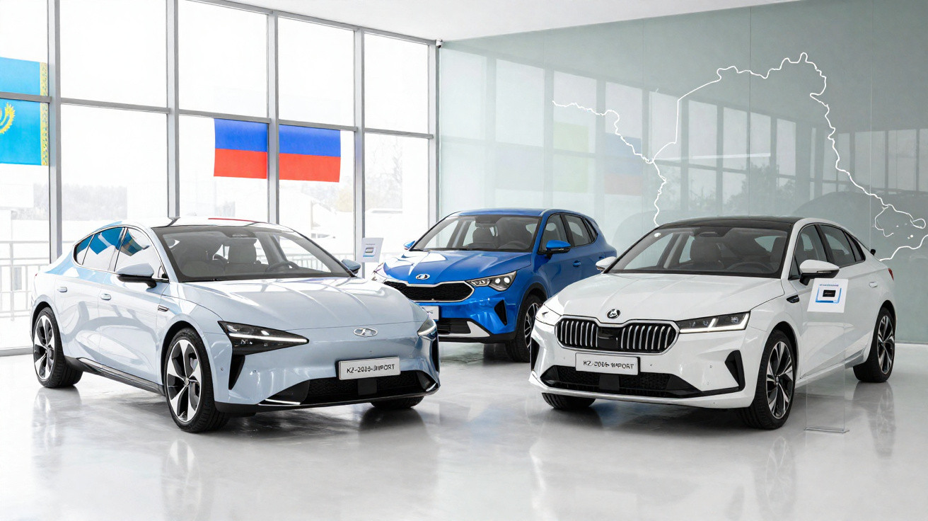 Três carros elétricos em exibição em showroom moderno com janelas grandes e bandeiras ao fundo.
