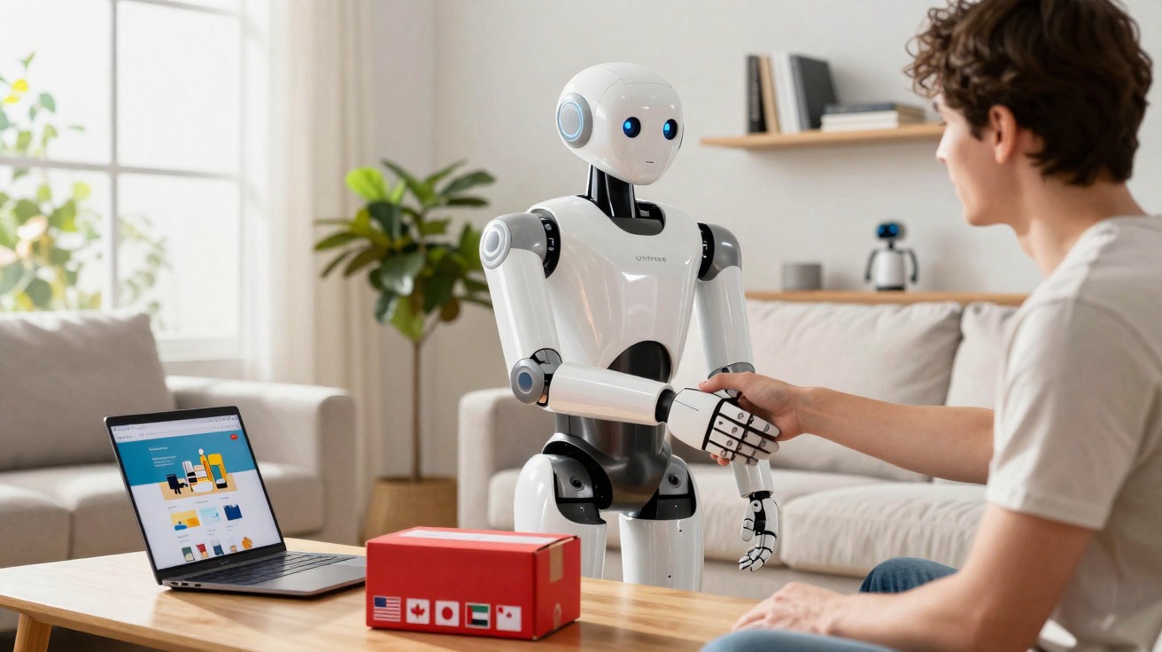 Homem e robô branco apertam as mãos em sala com laptop, caixa vermelha e sofá ao fundo.