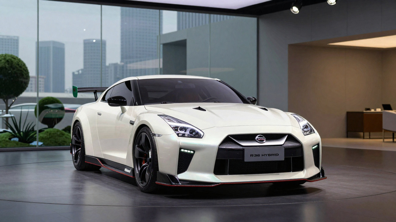 Carro esportivo branco Nissan R36 Hybrid em showroom moderno com grandes janelas e decoração minimalista.