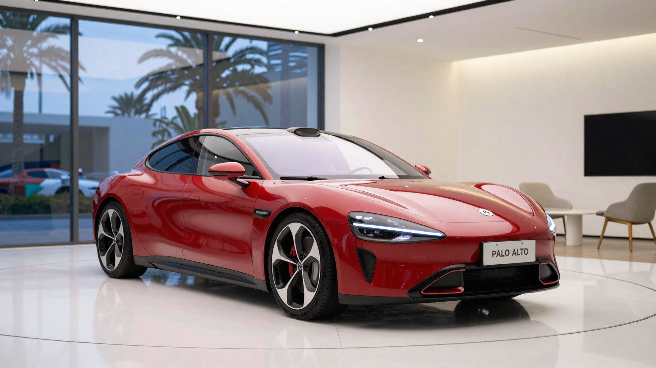 Carro esportivo elétrico vermelho exibido em showroom moderno com janelas de vidro e decoração minimalista.