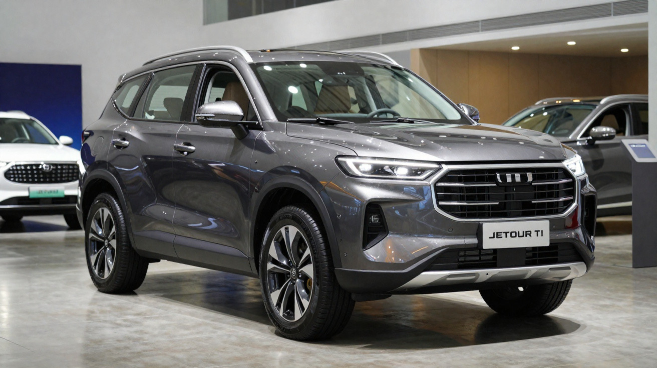 Carro SUV cinza Jetour T1 exposto em ambiente interno com iluminação artificial.