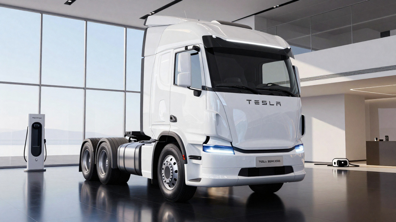 Caminhão elétrico Tesla Semi branco estacionado em ambiente interno moderno, próximo a estação de recarga.