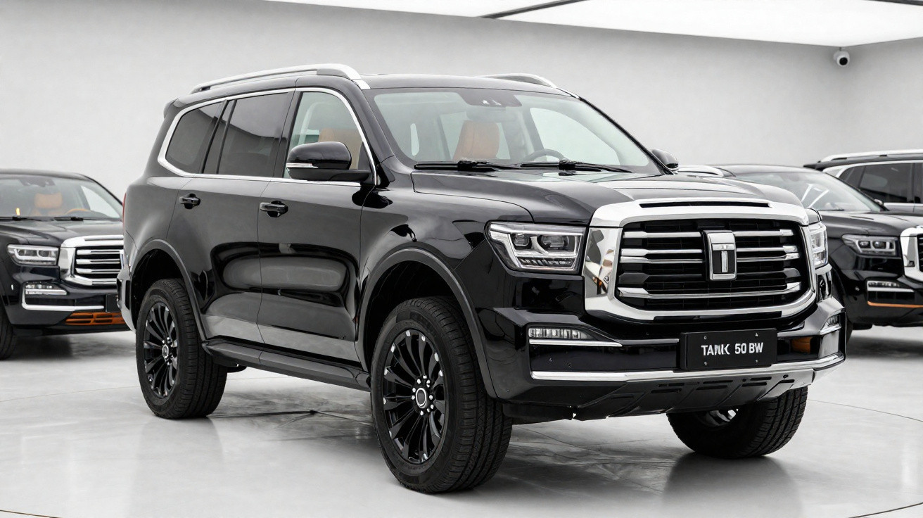 SUV preto Tank 50 BW estacionado em ambiente interno com outros veículos atrás.