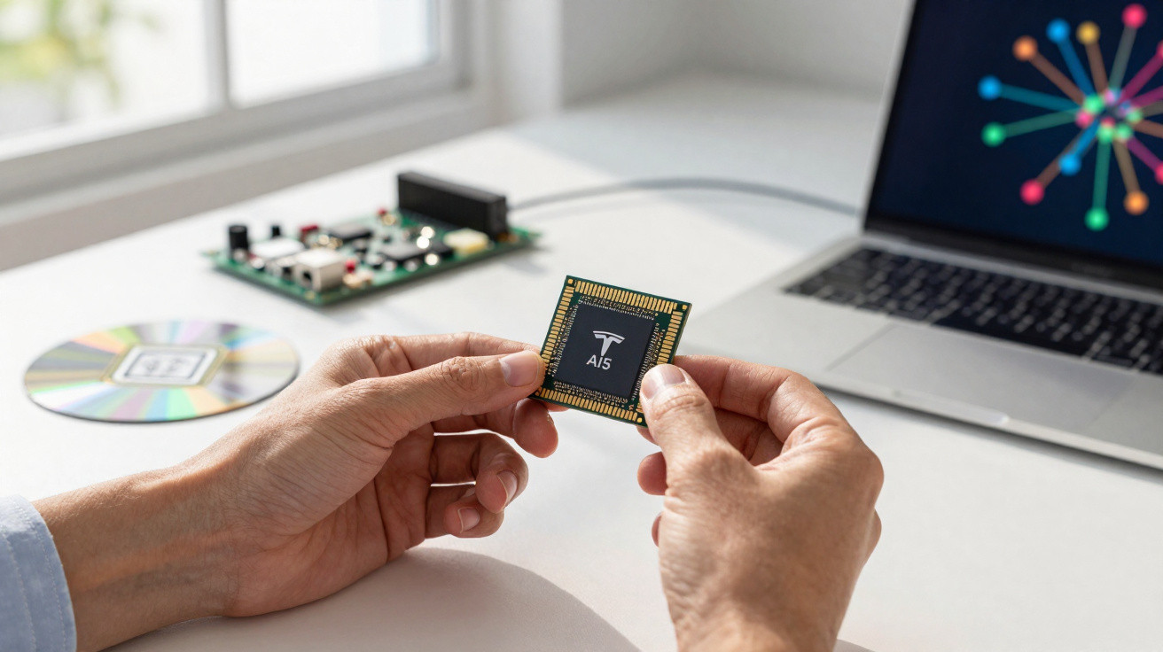 Mãos segurando chip AI5 sobre mesa com placa eletrônica, CD e notebook ao fundo.