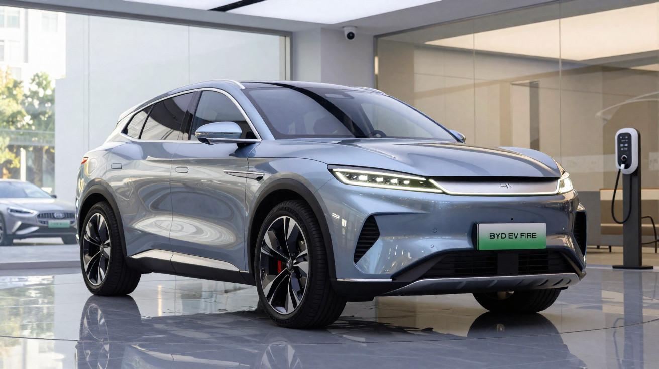 Carro elétrico cinza estacionado em showroom moderno com parede de vidro e carregador ao fundo.
