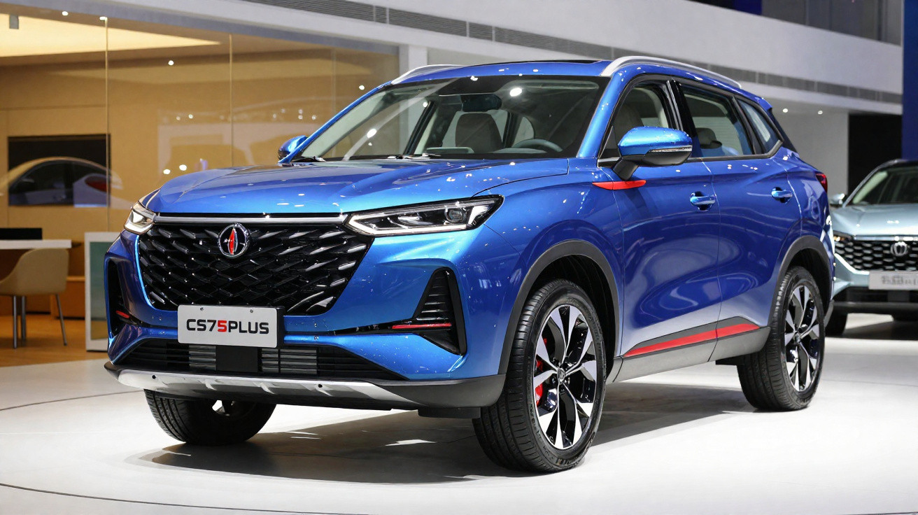 Carro SUV azul modelo CS75 Plus em exposição, com design moderno e detalhes em vermelho.