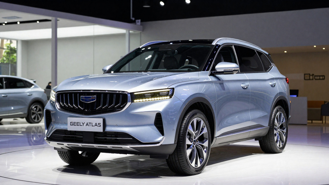 SUV Geely Atlas prata exposto em ambiente interno, vista frontal em ângulo lateral direito.