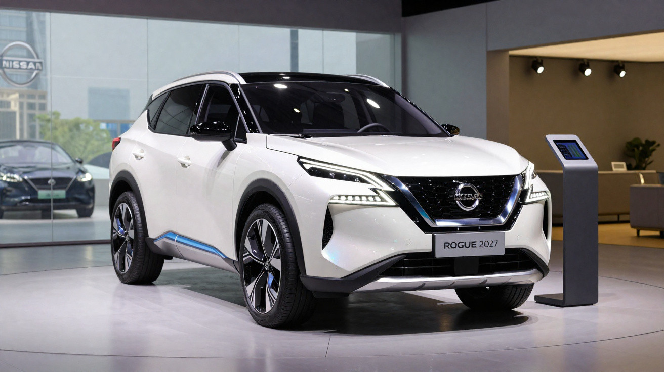 Carro SUV branco Nissan Rogue 2027 exibido em estande moderno e iluminado.