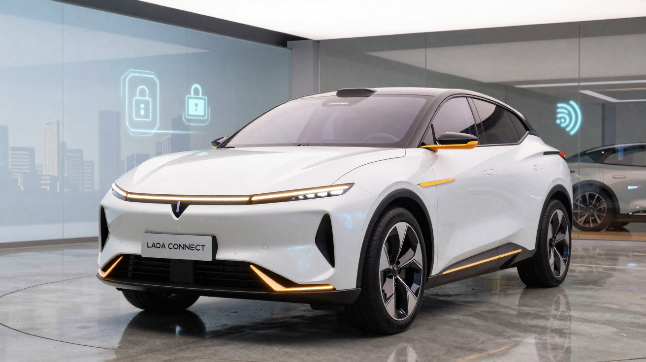 Carro elétrico branco Lada Connect em showroom moderno com símbolos digitais de segurança e conectividade.