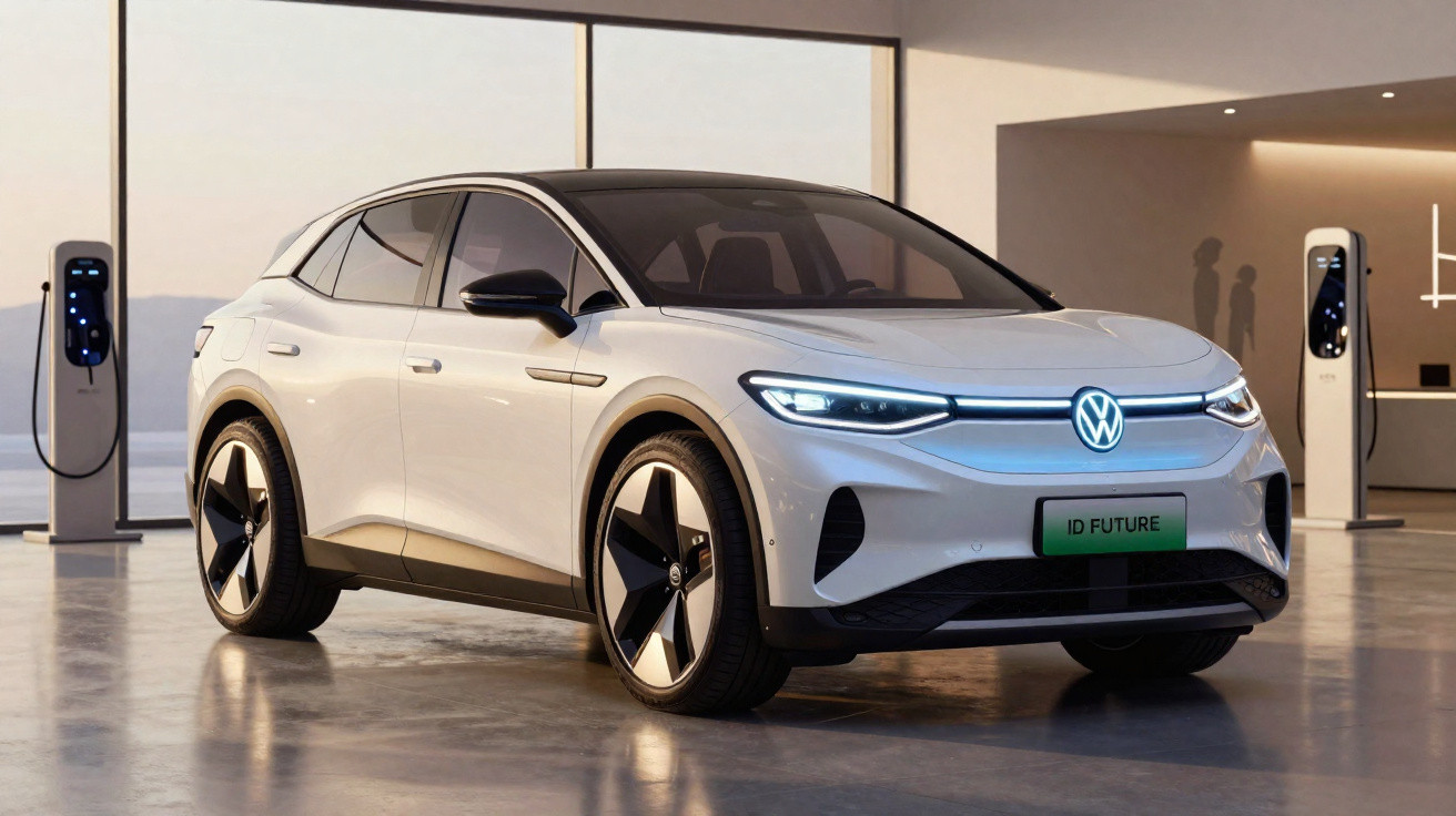 Carro elétrico branco Volkswagen ID. Future estacionado em estação de recarga interna moderna.